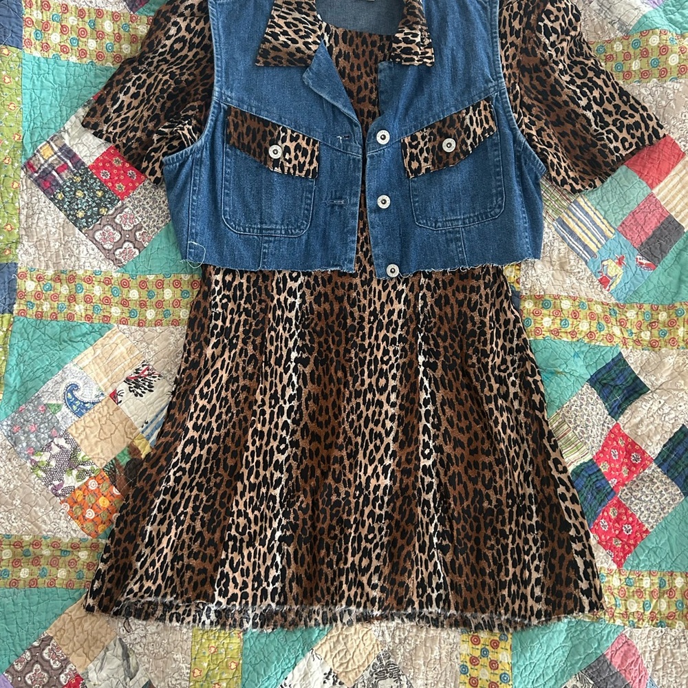 Leopard Print Dress with Denim Vest